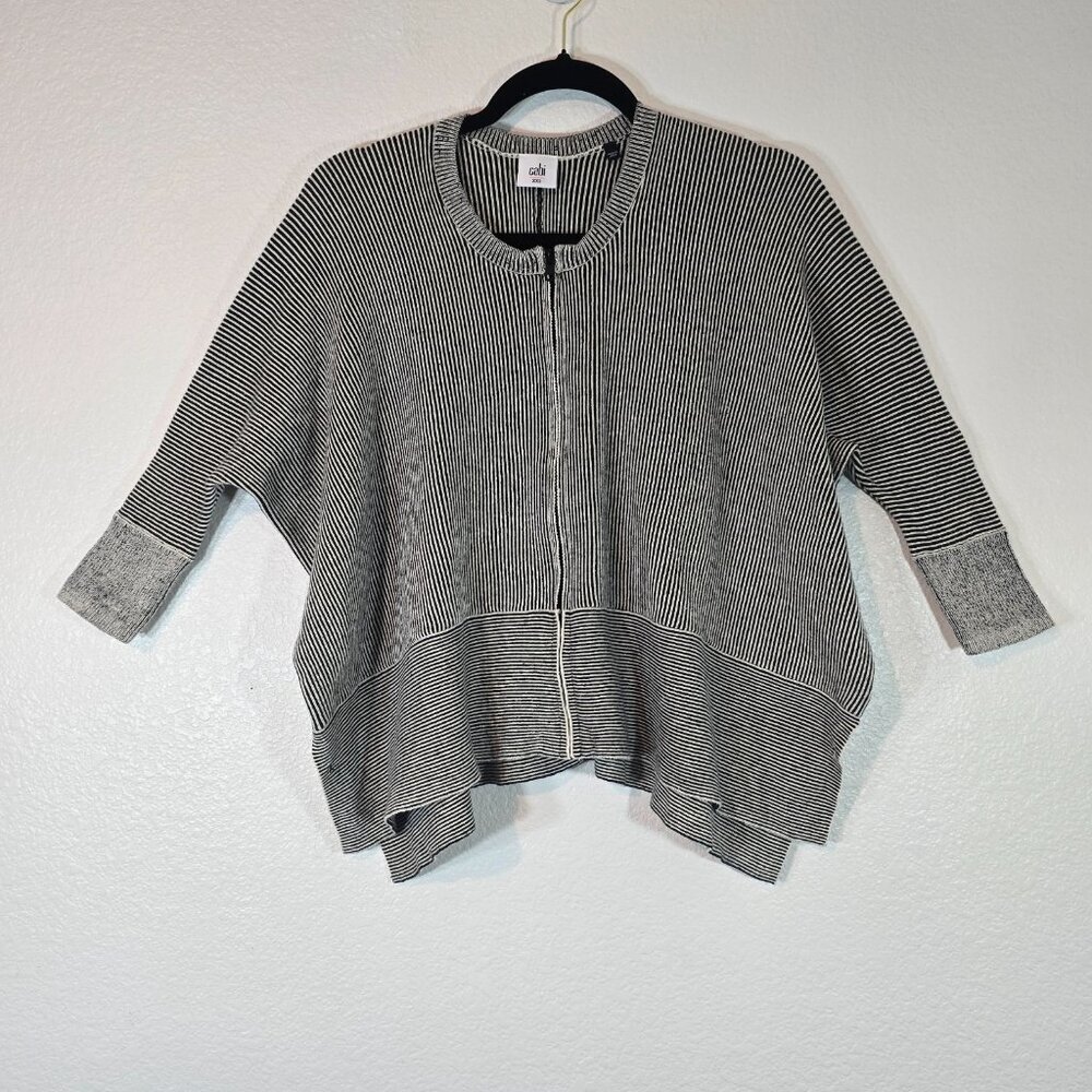 CAbi Cupids Cardigan Sweater Womens Size XXS Black Gray Zip Front Striped Boxy